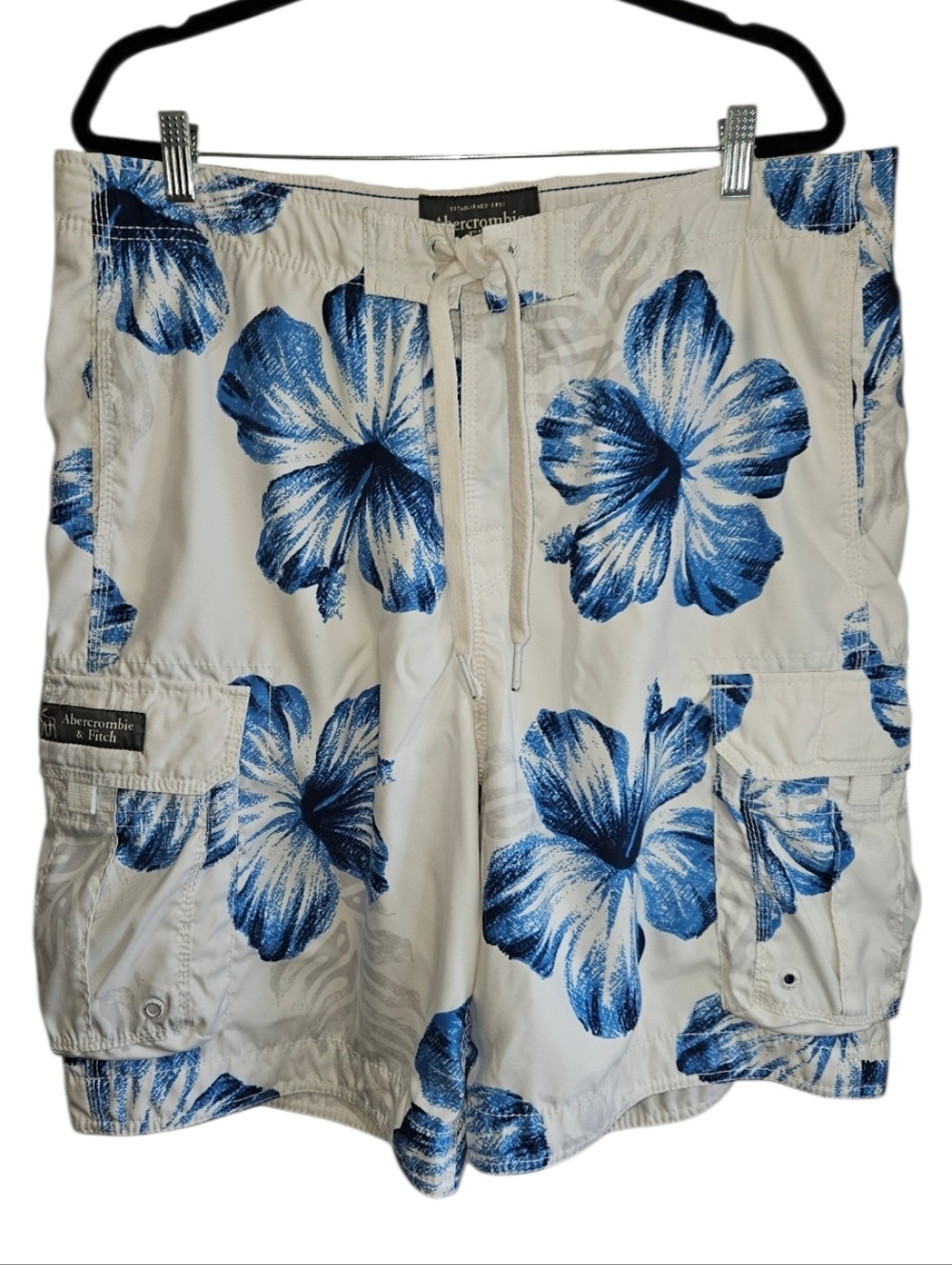 Y2K Abercrombie & Fitch White Swim Trunks Blue Cargo Shorts Men's XL| X Large
